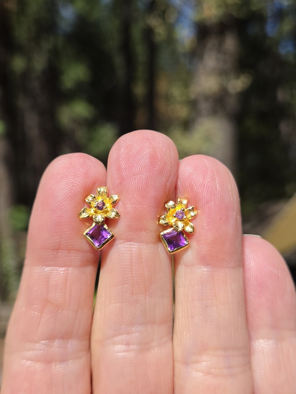 Gold Amethyst Floral Drop Earrings - Picture 4 of 7